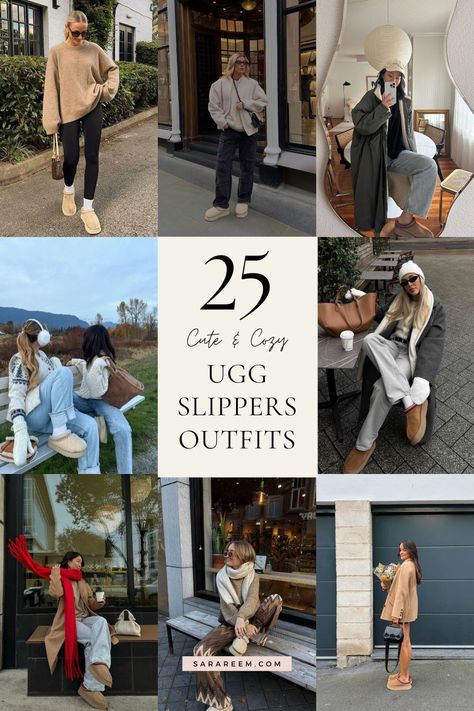 Looking for the perfect Ugg Slippers Outfit inspo? Get ready to stay comfy, cute, and cozy this fall and winter 2024 season with these chic, trendy outfit ideas! Whether you're into black leggings, a baddie look, or the cozy vibes of the Tasman platform and Scuffette slippers, we’ve got you covered. From fuzzy and fluffy Uggs to pink, tan, and grey styles, these Ugg slippers outfit ideas are the ultimate in casual, laid-back fashion. Short Ugg Slippers Outfit, Winter Fashion Outfits Uggs, Jogger And Uggs Outfit, Chunky Ugg Boots Outfit, Style Ugg Ultra Mini, Fall Outfits 2024 Leggings, Sand Tasman Uggs Outfits, Ugg Tazz Platform Slippers Outfit, Talisman Uggs Outfit