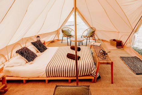 Bell Tents - Twilight Glamping Bell Tent Interior, 5m Bell Tent, Luxury Camping Tents, Lantern With Fairy Lights, Bell Tents, Timber Beds, Tent Living, Wall Tent, Glamping Resorts