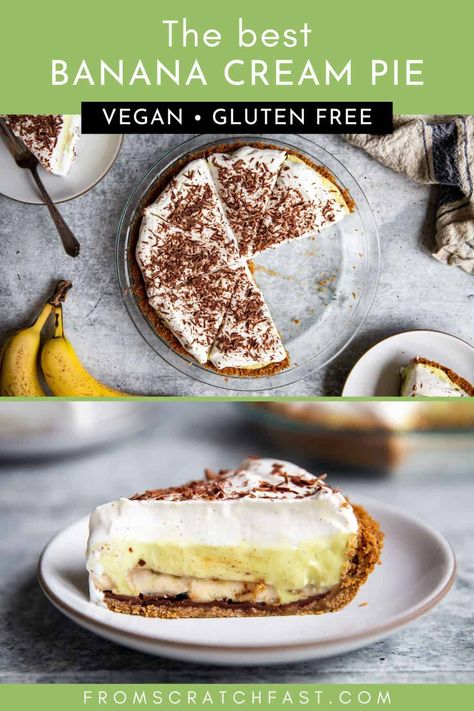 This easy vegan banana cream pie recipe captures the nostalgic flavor of a classic banana cream pie but is egg-free, dairy-free, and vegan! Vegan Banana Cream Pie, Blueberry Spinach Smoothie, Dairy Free Pies, Banana Cream Pie Recipe, Gluten Free Graham Crackers, Banana Pie, Easy Gluten Free Desserts, Chocolate Graham Crackers, Cream Pie Recipes