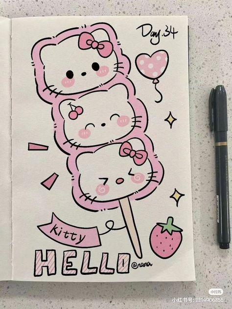 Cute Easy Doodles, Hello Kitty Crafts, Graffiti Doodles, Cute Sketches, Kitty Drawing, Hello Kitty Drawing, Hello Kitty Art, Easy Doodle Art, Easy Doodles Drawings