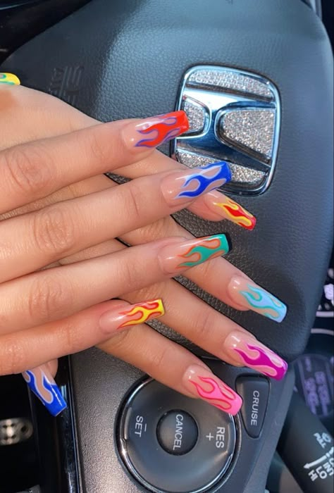 Colorful, flame, nails, acrylic, nail art, nail inspo, funky nails, colorful nails, nail ideas, nails designs Flame Nails Multicolor, Flame Nails Colorful, Acrylic Flame Nails, Yellow Flame Nails, Flame Nails Chrome, Red Flame Acrylic Nails, Fire Nails Acrylic, Summer Flame Nails, Rainbow Flame Nails