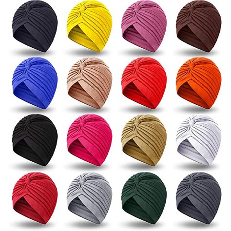 16 Pieces Stretch Turban Headwrap Polyester Cap India Turban Head Bennie Cover Twisted Pleated Head Wrap Headwear for Women Girls, 16 Colors at Amazon Women’s Clothing store Head Turban, Hijab Caps, Knit Hat For Men, Turban Headwrap, Girls 16, Chemo Hat, Women Cargos, Party Dress Long, Head Wrap