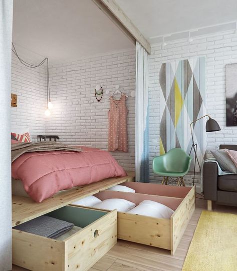 Elevate The Bed In Small Spaces To Create Storage Underneath Design Ložnic, Maximize Small Space, Bed Platform, Small Bedrooms, Basement Apartment, Dekorasi Kamar Tidur, Small Apartment Decorating, Diy Headboard, Tiny Bedroom