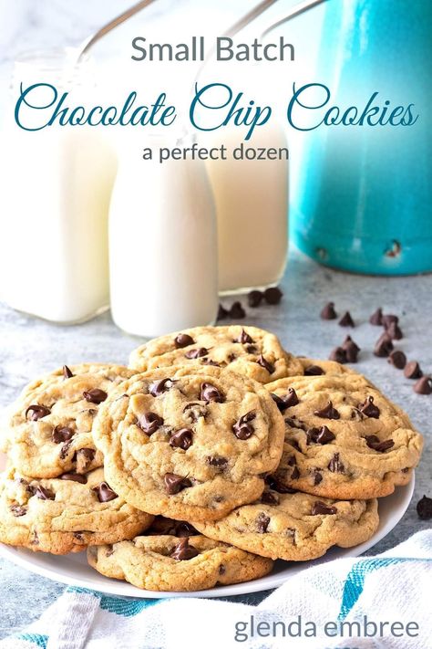 Small batch chocolate chip cookies on a white plate sitting on a concrete countertop.  Milk bottles with steel straws in background. Chocolate Chip Cookies Crunchy And Chewy, 1 Dozen Chocolate Chip Cookies, 2 Dozen Chocolate Chip Cookies, A Dozen Chocolate Chip Cookies, Best Small Batch Chocolate Chip Cookies, Easy Chocolate Chip Cookies Small Batch, Small Batch Cookies Chocolate Chips, Chocolate Chip Cookies For Two, Small Batch Cookie Dough