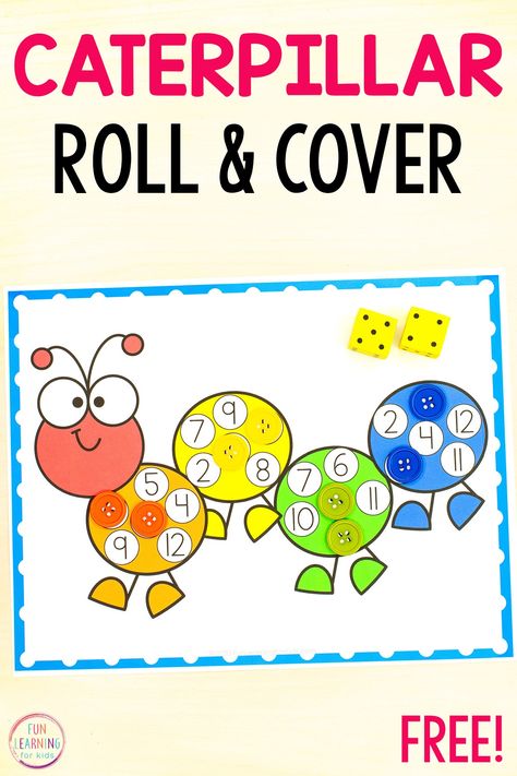 Caterpillar Roll and Cover the Number Mats Summer Science Activities, Kindergarten Phonics Activities, Christmas Science Activities, Spring Math Activities, Roll And Cover, Math Tubs, Phonological Awareness Activities, Cvc Word Activities, Number Sense Activities