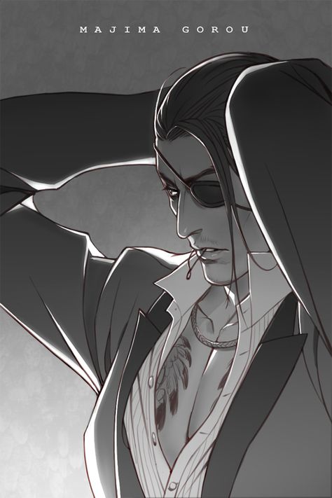 1boy axis04 character_name eyepatch facial_hair hair_tie jewelry long_hair majima_gorou male_focus monochrome mouth_hold mustache necklace open_clothes open_shirt ponytail ryuu_ga_gotoku shirt solo tattoo tying_hair Videogames Artwork, Yakuza Anime, Goro Majima, Black Butler Kuroshitsuji, Vampire Knight, Mad Dog, Anime And Manga, Picture Search, Hi Guys