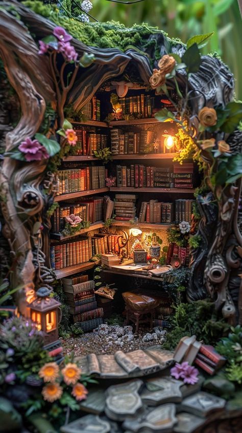 #EnchantedBookNook: An intimate look into a #magical nook, where #books and #nature intertwine in harmonious beauty. #enchantment #books #lanterns #nature #cozy #aiart #aiphoto #stockcake ⬇️ Download and 📝 Prompt 👉 https://stockcake.com/i/enchanted-book-nook_790905_713012 Enchanted Forest Gift Box Ideas, Forest Themed Book Nook, Beauty And The Beast Book Nook, Book Nook Miniature Diy, Diy Bookshelf Nook, Book Nook Inspiration, Diy Book Nook Ideas, Diy Book Nook Shelf Insert, Enchanted Bookshelf