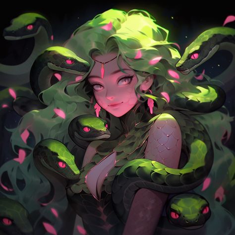 Anime style female Medusa with snakes for hair curling around her Medusa Pictures, Female Comic Characters, Fantasy Story Ideas, Medusa Art, Snake Hair, Medusa Gorgon, Snake Girl, Human Anatomy Drawing, Medusa Tattoo