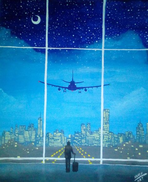 Traveling Painting Ideas, Airport Painting Art, Painting City Easy, Plane Window Painting, City Aesthetic Painting, Plane Window Drawing, Airplane Painting Easy, Airplane Window Painting, Travel Painting Ideas