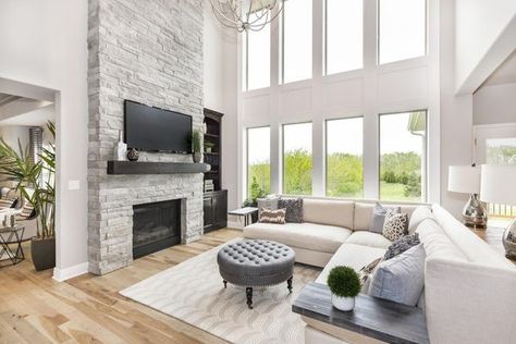 Great Room High Ceilings Interior Design, Bumped Out Fireplace, Stone Fireplace With Tv, Fireplace With Tv, Fireplace Walls, Arrange Furniture, High Ceiling Living Room, Black Fireplace, Fireplace Built Ins