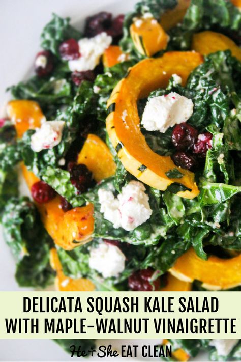 Delicata Squash Kale Salad with Maple-Walnut Vinaigrette #eatclean #cleaneating #heandsheeatclean Squash Kale Salad, Fig Salad, Autumn Side Dishes, Paleo Salads, Squash Salad, Delicata Squash, Pear Salad, Kale Recipes, Autumn Salad