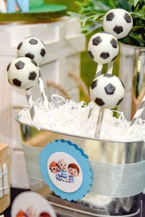 Check out this cool soccer-themed 1st birthday party! The soccer ball cake pops are fantasticl! See more party ideas and share yours at CatchMyParty.com #catchmyparty #partyideas #soccer #soccerparty #boy1stbirthdayparty #soccercakepops Football Baby Shower Ideas, Soccer Cake Pops, Soccer Ball Cake, Soccer Birthday Party, Football Baby Shower, Soccer Cake, Soccer Birthday Parties, Soccer Theme, Football Theme Party