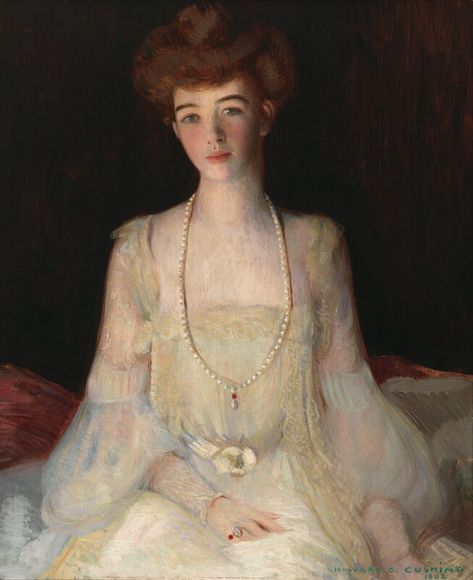 "Mrs. Harry Payne Whitney," Howard G. Cushing, 1902, oil on canvas, 24 1/8 × 20", Whitney Museum of American Art. Gertrude Vanderbilt Whitney and Howard Gardiner Cushing shared a studio overlooking the ocean along the Cliff Walk in Newport. 1900's Fashion, Rockwell Kent, William Collins, Woman In White, Whitney Museum, New Museum, Arte Popular, Fashion Portrait, Belle Epoque