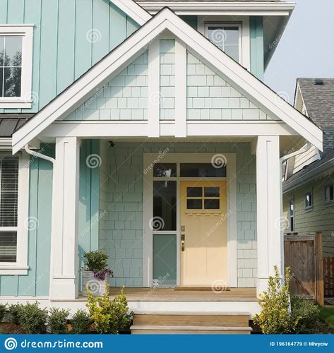 House Home Pastel Yellow Door Exterior Front Elevation Roof Details Stock Image - Image of deck, columbia: 196164779 Bright Exterior House Colours, Pastel House Aesthetic Exterior, Turquoise Houses Exterior, Sea Foam Green House, Bright House Colors Exterior, Pastel Beach House Exterior, Sea Green House Exterior, Turquoise Exterior House Colors, Pastel Green House Exterior