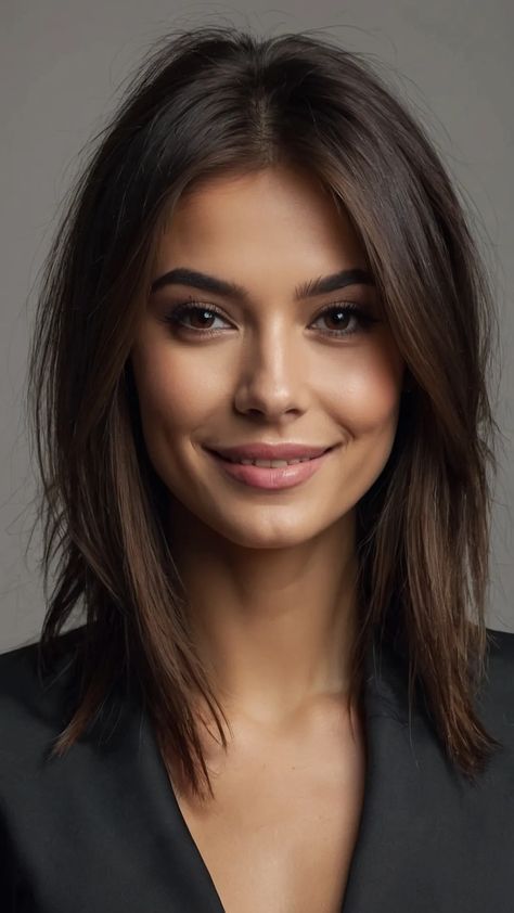 15 Mid Length Bob Haircuts That Will Inspire Your Next Look - Cheerful Talks Fine Hair Haircuts Brunette, Straightened Lob Haircut, Lucy Hale Medium Length Hair, Medium Brunette Hair Styles, Lib With Bangs, Mid Length Hair Long Bangs, Hairstyles For Medium Length Hair Brunette, Edgy Straight Haircuts, Long Layered Bob Hairstyles Mid Length