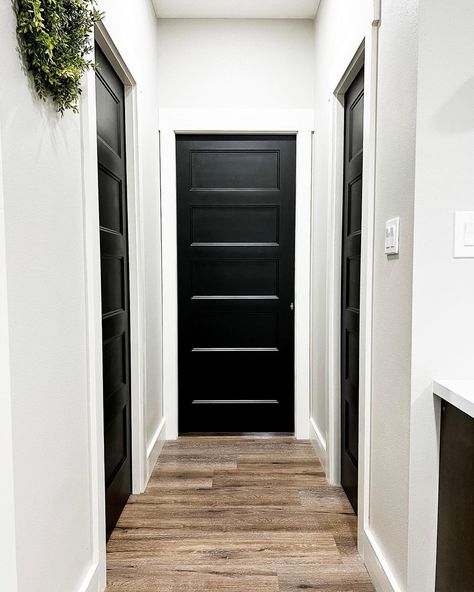 Black Indoor Doors, Dark Interior Doors, Paint Doors Black, Black Baseboards, 5 Panel Interior Doors, Black Trim Interior, Painting Interior Doors Black, Interior Updates, Black Hallway