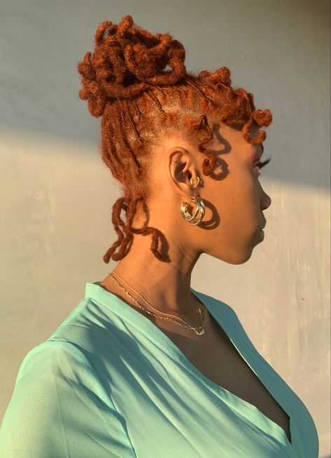 Unique Locs Hairstyles, Loc Hair Colors Black Women, Strawberry Blonde Locs Black Women, Loc Styles Medium Curls, Bronze Locs Black Women, Vintage Loc Hairstyles, Locs In Low Bun, Honey Locs Black Women, Locs And Turbans