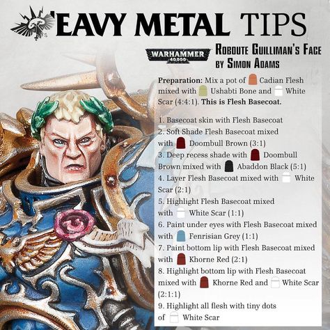 With "How to Paint Flesh" being a popular request here, we asked Si Adams from 'Eavy Metal to give us the secrets behind painting a face as heroic as Roboute Guilliman's. Fancy giving it a try? Pick up the model for yourself today: https://goo.gl/4uWfiF #paintingwarhammer Marine Painting, Miniature Gaming, Warhammer Paint, Game Workshop, Warhammer 40k Art, Miniature Wargaming, Model Paint, Warhammer 40k Miniatures, Miniatures Tutorials