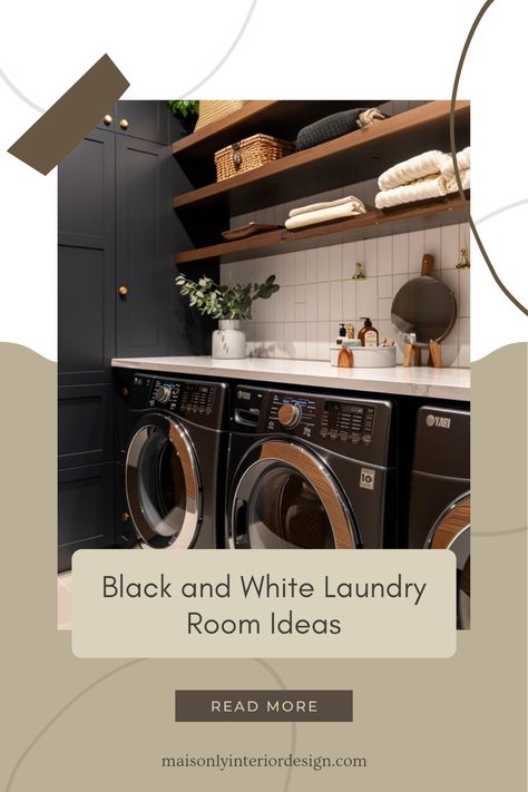 Stylish black and white laundry room featuring elegant designs and smart storage solutions for a sophisticated look. Black Washer Dryer Laundry Room, Laundry Room With Black Washer And Dryer, Black And White Laundry Room Ideas, Black Washer And Dryer Laundry Room, Black Trim White Walls, White Laundry Room Ideas, Black Laundry Room, Black And White Laundry Room, Black And White Laundry