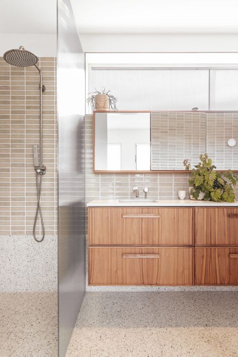 Mid Century Master Bath, Buildher Collective, Modern Ensuite, Midcentury Modern Bathroom, Abi Interiors, Mid Century Contemporary, Timber Vanity, Mom Kitchen, Laundry Ideas