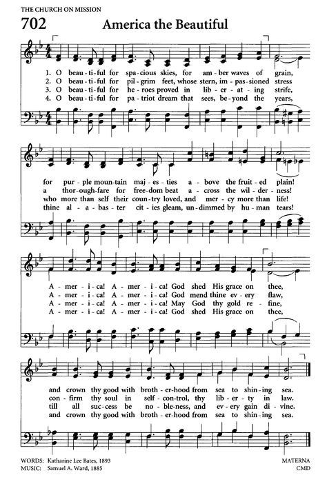 high resolution  (1747×2602) from Hymnary.org; "America, the Beautiful" Sunday School Songs, Christian Hymns, Hymns Of Praise, Hymn Sheet Music, Hymn Music, Christian Song Lyrics, School Songs, Spiritual Songs, America The Beautiful