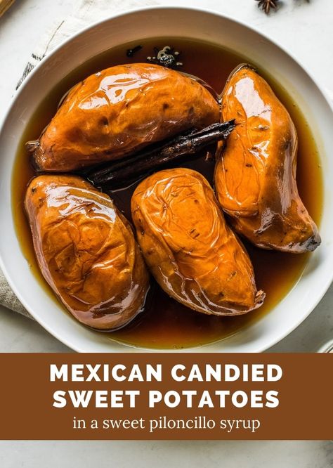 Camotes Enmielados (Mexican Candied Sweet Potatoes) is a warm and comforting dessert made from sweet potatoes, piloncillo, and spices. Gluten Free Mexican Recipes, Traditional Mexican Desserts, Mexican Sweet Potatoes, Isabel Eats, Mexican Favorites, Vegetarian Recipes Dessert, Mexican Side Dishes, Mexican Appetizers, Candy Yams