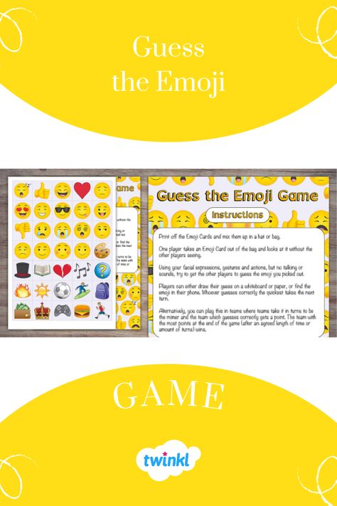 Yellow and white background with the activity in the middle of the page Emoji Charades, Guess The Emoji, Emoji Day, Emoji Game, Charades Game, World Emoji, World Emoji Day, Emoji Games, The Emoji