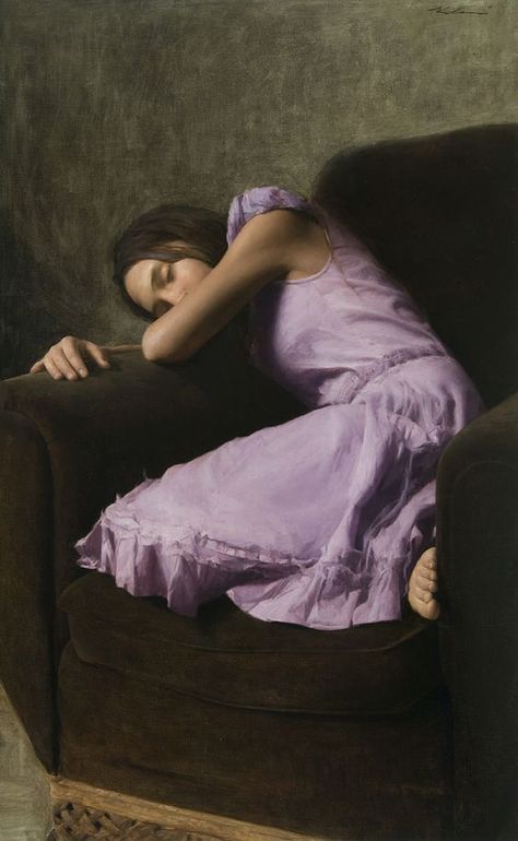 "At Rest" - Michael Klein, 2008, oil on linen {contemporary artist figurative sleeping female laying in chair woman lavender painting} Relaxed !!: Art Picasso, Painting Of A Woman, Slaap Lekker, Realistic Paintings, Rembrandt, Pics Art, Best Artist, Op Art, Student Art