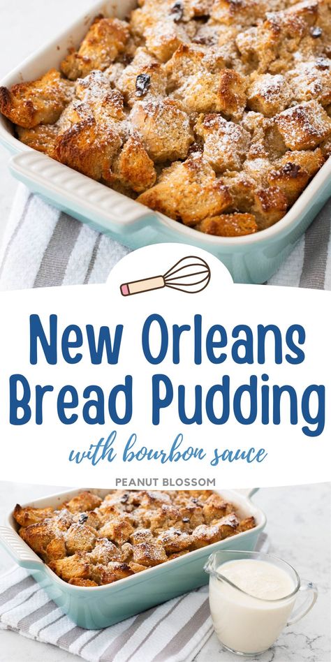 The coziest dessert ever! Bake a Creole bread pudding with golden raisins and drizzle the warm and creamy bourbon sauce over the perfect golden brown toasted top. This is an excellent dessert for Mardi Gras or for after a chilly winter dinner. Maple Bourbon Bread Pudding, Praline Bread Pudding Recipe, New Orleans Dishes Recipes, Bourbon Pecan Bread Pudding, Creole Bread Pudding, Bread Pudding Glaze Recipe, Rum Bread Pudding Recipes, New Orleans Desserts Easy, Louisiana Bread Pudding Recipe