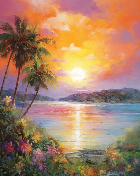 Subject: A secluded tropical beach at sunrise Artistic Style: Abstract Expressionism with heavy use of texture Artist: Yvonne Coomber Mood: Peaceful and invigorating Lighting: Soft morning light casting long shadows Color Profile: Pastel colors with pops of vibrant tropical hues Sunrise Drawing, Retro Surf Art, Landscape Painting Tutorial, Tropical Painting, Sun Painting, Sunrise Painting, Sunrise Art, Easy Love Drawings, Shadow Art