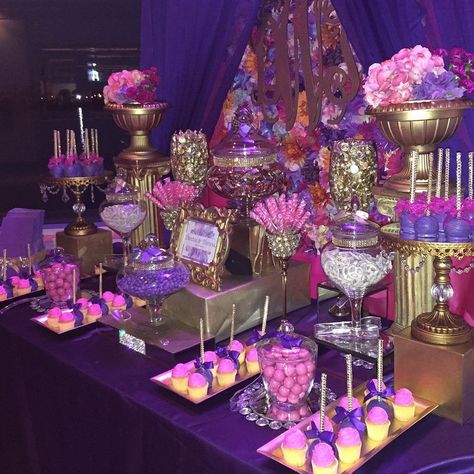 Pink And Purple Candy Buffet, Pink And Purple Candy Table, Pink And Purple Dessert Table, Pink And Purple Sweet 16, Sweet 16 Treats, Sweet 16 Birthday Dinner, Birthday Dinner Party Ideas, Purple Candy Buffet, Hotel Birthday Parties