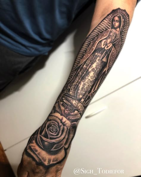 @sigh_todiefor Virgin Mary Skull Tattoo, Virgin Mary Tattoo Forearm Men, Virgin Mary Half Sleeve Tattoo, Mexican Tattoo Sleeve, Virgin Mary Tattoo Sleeve, Virgin Mary Tattoo Forearm, Jalisco Tattoo, Front Forearm Tattoo, Mexican Tattoo Ideas For Men