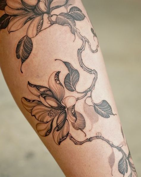 Black Background Floral Tattoo, Ginger Lily Tattoo, Botanical Tattoo Filler, Heavy Shading Tattoo, Magnolia Cover Up Tattoo, Organic Tattoo Nature, Magnolia Chest Tattoo, Basil Flower Tattoo, Lemon Tree Branch Tattoo