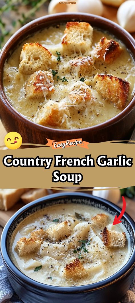 Dive into the depth of flavor with this Country French Garlic Soup. Aromatic and comforting, this soup is loaded with garlic, simmered with herbs and a touch of cream, and served with a slice of crusty bread. It’s a warming dish that embodies the essence of rustic French cuisine, perfect for garlic enthusiasts. #GarlicSoup #FrenchCuisine #RusticCooking Garlic Parmesan Soup, French Onion Soup With Chicken Broth, French Garlic Soup Recipe, Trending Soup Recipes, Garlic Cream Soup, Country Fresh Garlic Soup, Garlic Bread Soup, Country French Garlic Soup Recipe, Sunday Soup Recipes