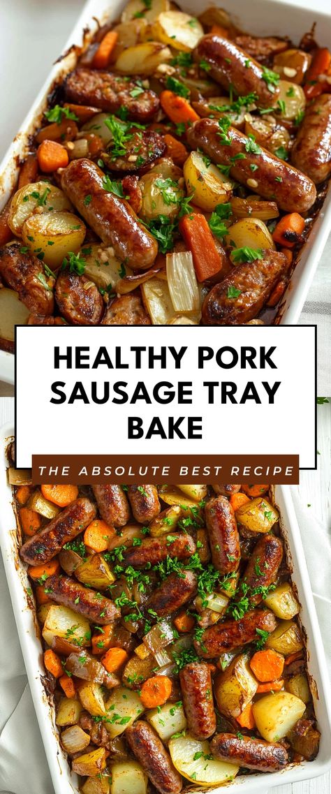 Image for Healthy Pork Sausage Tray Bake One Tray Bake Dinners, Healthy Tray Bake Dinners, Sausage Meals Healthy, Healthy Sausage Dinner, Tray Bakes Dinner, Loaded Sausage, Pork Sausage Recipes Dinner, Ground Pork Sausage Recipes, Sausage Tray Bake