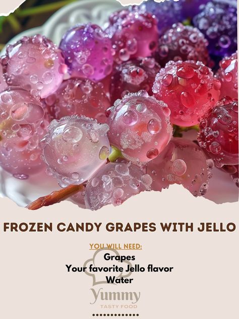 🍇✨ Beat the heat with Frozen Candy Grapes with Jello! A frosty, fruity delight! #SweetChill 🍽️ Frozen Candy Grapes with Jello 🛒 Ingredients: Grapes: 1 lb Your favorite Jello flavor: 1 packet Water (for dipping) ���👩‍🍳 Instructions: Wash: Rinse grapes and pat dry. Dip: Dip grapes in water, then roll in Jello powder. Freeze: Lay on a baking sheet and freeze until solid. 🌈 Enjoy a burst of chilly sweetness with these Frozen Candy Grapes! Perfect for sunny days or as a fun snack anytime. Try the... Grapes With Jello, Frozen Candy Grapes, Candy Grapes, Jello Flavors, Dip Dip, Lay On, Food Drinks Dessert, Flavored Water, Beat The Heat