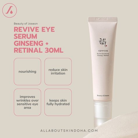 Beauty of Joseon, Revive Eye Serum Ginseng + Retinal 30ml  Price: 70QAR Website: www.allaboutskindoha.com Cash and Card Payment Available Beauty Of Joseon Revive Serum, Beauty Of Joseon, Card Payment, Sensitive Eyes, Eye Serum, W Concept, Glass Skin, Pharmacy, Qatar