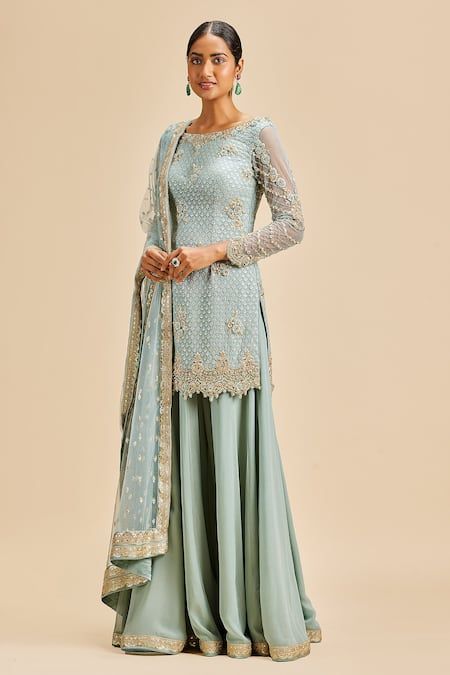 Indian Shalwar Design, Pastel Blue Sharara, Light Blue Sharara Suit, Light Blue Gharara, Wedding Guest Dress Desi, Light Blue Pakistani Dress, Blue Indian Suit, Indian Sharara Outfits, Light Blue Sharara