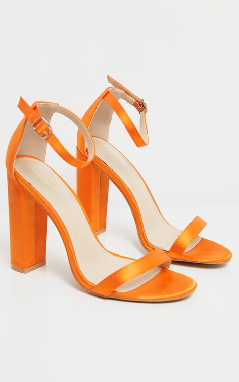 Orange Satin May Block Heel Sandal | Shoes | PrettyLittleThing USA Hoco Shoes, Orange High Heels, Fancy Heels, Heels Aesthetic, Orange Heels, Perfect Heels, Orange Satin, Colorful Heels, Sparkly Heels