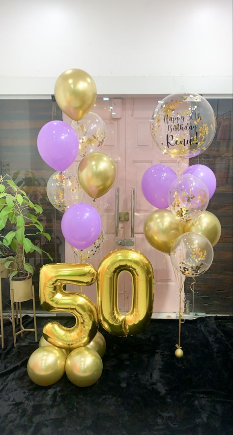 Lilac And Gold Party Decorations, 27 Birthday Ideas, Balloons Number, Moms 50th Birthday, Rustic Birthday, Gold Party Decorations, 27th Birthday, 24th Birthday, Birthday Balloon Decorations