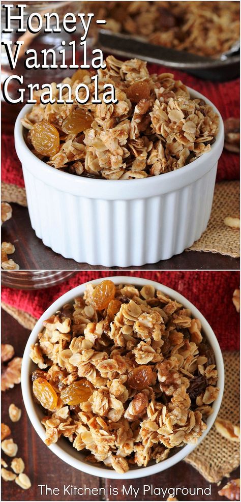 Bowl of Homemade Honey-Vanilla Granola Honey Granola Recipe, Vanilla Granola, Honey Granola, Yummy Healthy Snacks, Granola Healthy, Best Instant Pot Recipe, Granola Recipe, Golden Raisins, Pure Honey