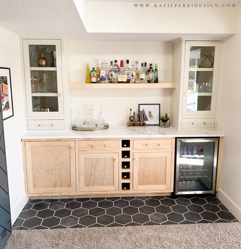 Black Bar Refrigerator, Simple Dry Bar Ideas Basement, Bar Cabinet In Kitchen, Dining Room Bar Buffet, Built In Bar Dining Room, Basement Wet Bar, Dining Room Built In, Bar Nook, Basement Kitchenette