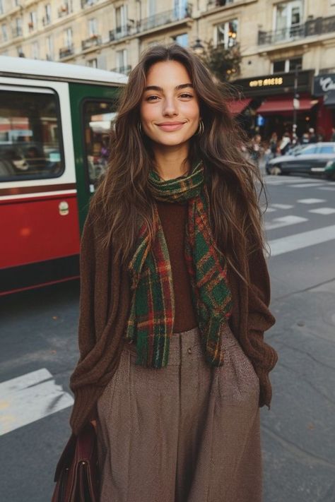 European Scarf Outfit, Autumn Bright Outfits, Cozy Photoshoot Outfit, Ralph Lauren Autumn Style, Brown Hair Fashion Outfit, Library Outfits Winter, Colourful Fall Fashion, Collarless Tweed Jacket Outfit, Feminine Cozy Outfit