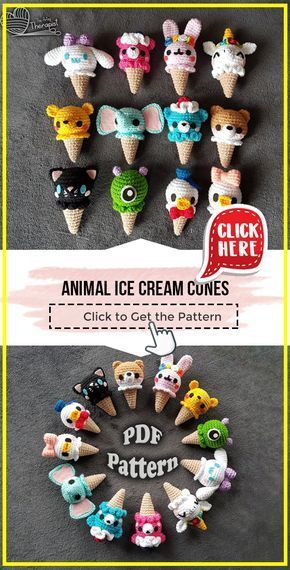 Animal Ice Cream Cones, Free Ice Cream Crochet Pattern, Crochet Food Keychain Pattern Free, Crochet Ice Cream Keychain, Crochet Ice Cream Cone Pattern Free, Ice Cream Crochet Pattern Free, Crochet Keychain Animals, Crochet Desserts, Crochet Animal Keychain