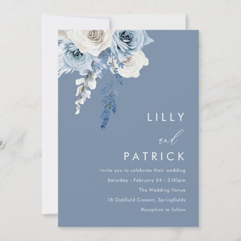 Modern Dusty Blue & White Floral Wedding Invitation Blue And White Floral Wedding, White Floral Wedding, Blue Invitation, Botanical Wedding Invitations, Blue Themed Wedding, Digital Wedding Invitations, Dusty Blue Weddings, Simple Invitation, Blue Wedding Invitations