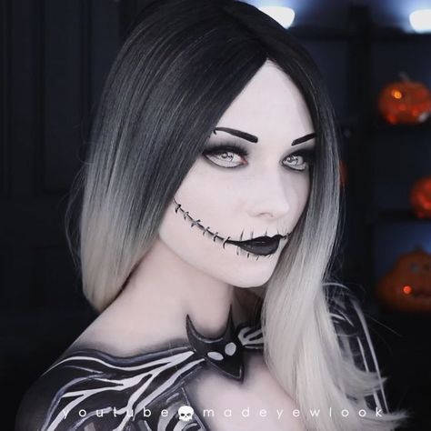 🎃Creepy Cool Halloween🎃 Make-Up Tutorial...Go to Instagram to see mini tutorial video from @madeyewlook Nightmare Before Christmas "Jack Skellington💀Inspired!" #Halloween #HalloweenMakeup #HalloweenCostume #Cosplay #JackSkellington #TNBC #NightmareBeforeChristmas #Goth #Gothic #Gothabilly #Vamp #Vampabilly #CreepyCool Jack Skellington Makeup Female, Christmas Makeup Tutorial, Nightmare Before Christmas Costume, Makeup Themes, Art Bases, Creepy Halloween Costumes, Mini Tutorial, Christmas Jack Skellington, Nightmare Before Christmas Halloween