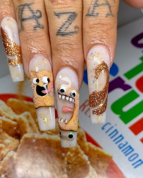 Vivian Xue Rahey on Instagram: “[SWIPE] Whenever @morningstarbazan and I collab...there’s always a cereal box involved 😂 @cinnamontoastcrunch @generalmills 🍞🥄 LOOK AT THE…” Goofy Nails, Silly Nails, Food Nails, Sculpted Nails, Pedicure Designs, Silly Goofy, Matte Nails Design, Long Square Acrylic Nails, Bling Acrylic Nails