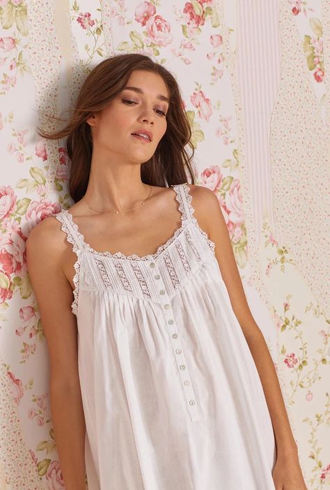 Queen Anne's Lace - Eileen West Eileen West, Queen Anne's Lace, Cotton Nightgown, Sleeveless Gown, Queen Annes Lace, Lace Neckline, Shell Buttons, Long Gown, Queen Anne