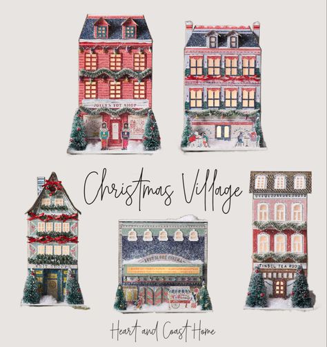 Anthropology Christmas Village Decor Christmas Village Buildings, Christmas Village Modern, Christmas Village Illustration, Christmas Village Aesthetic, Anthropology Christmas, Emily Taylor, English Christmas, Christmas Town, Vintage Packaging