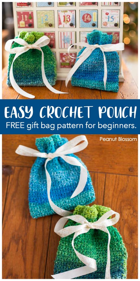 This free crochet pouch pattern is perfect for beginners to make in just a session or two. Tie the reusable gift bag closed with whatever festive ribbon you love and hide a sweet personal gift inside. Easy enough to make before Christmas! Crochet Pouch Pattern, Peanut Blossoms, Homemade Advent Calendars, Crochet Pouch, Reusable Gift Bags, Holiday Ribbon, Crochet Gift, Beginner Crochet Projects, Pouch Pattern